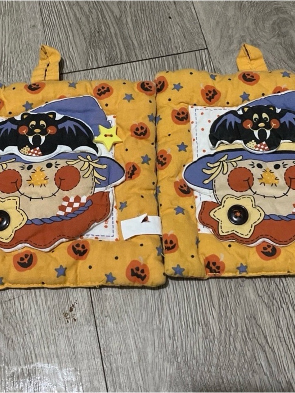 Vintage B & D Halloween 2 Pot Holders Patchwork 3D Scarecrow and Bat Pumpkin